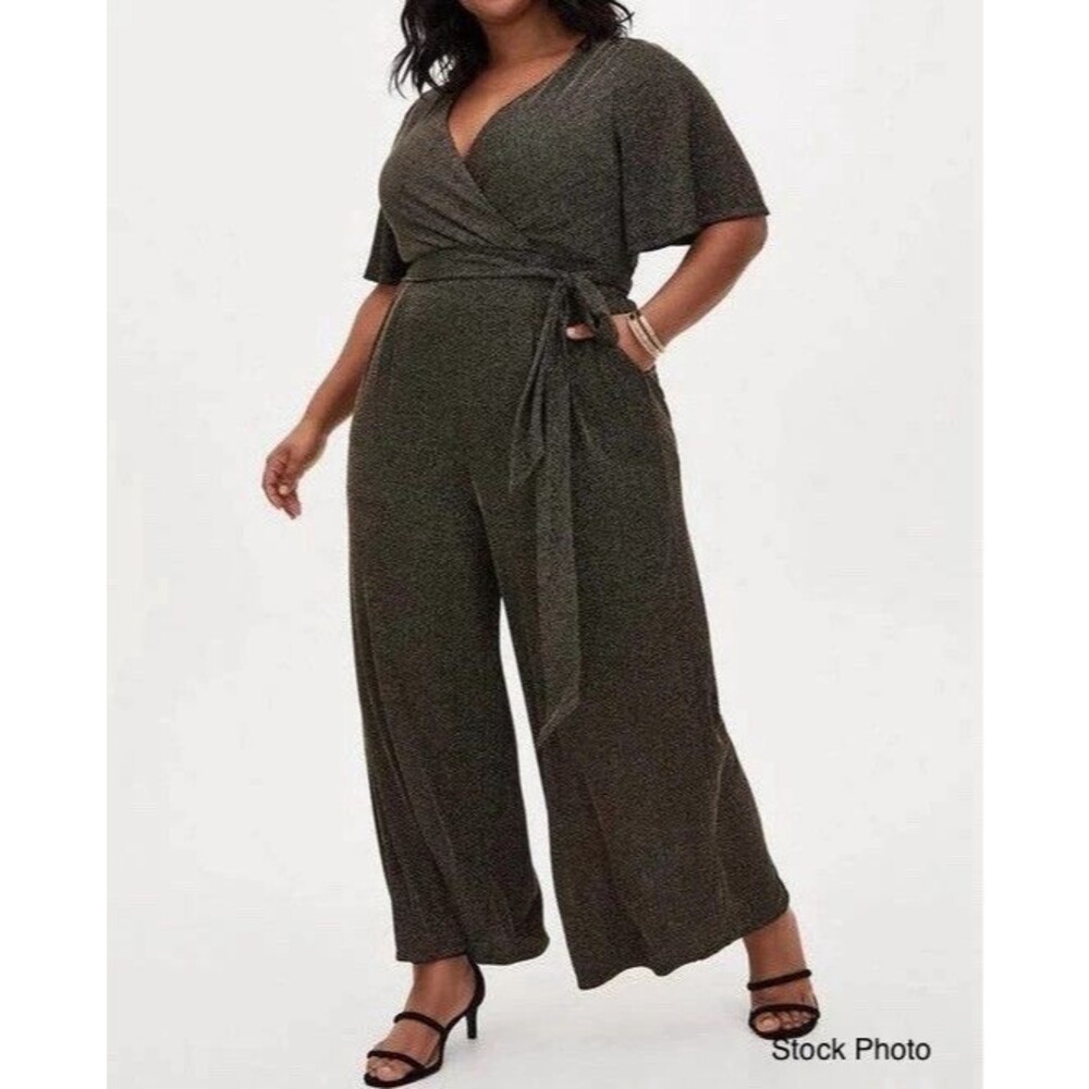 Torrid Surplice Jumpsuit Size 3X 22/24 Black Gold Shimmer Metallic Stripe New